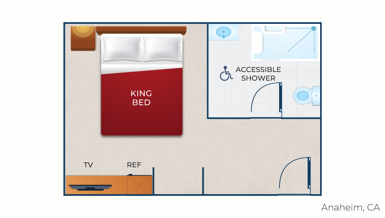 The floor plan for the King Suite (Accessible Shower) 